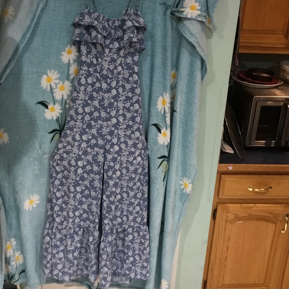 S.L. Fashions Blue Floral Ruffle Strap Jumpsuit